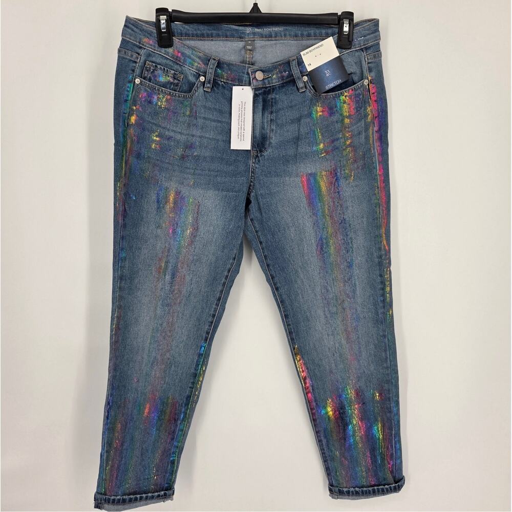 NEW NY&C Rainbow Holographic Paint Splatter Slim Boyfriend Jeans Size 14